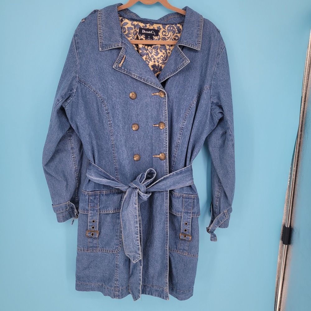 Denim & Co Womens Double Breasted Denim Trench Coat Jacket Belted Lined Vtg 1X